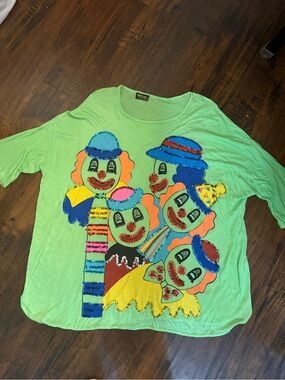 Vintage 1990s Ultra Lime Green Sequin Clown Novelty Top Shirt OSFM Retro